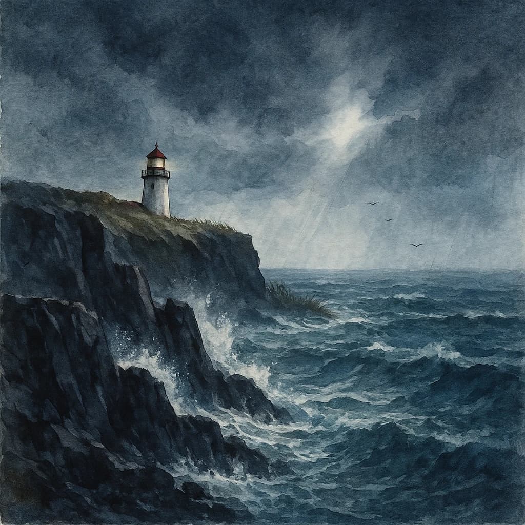Please paint a watercolor of stormy cliffs and a lighthouse, moody sky.