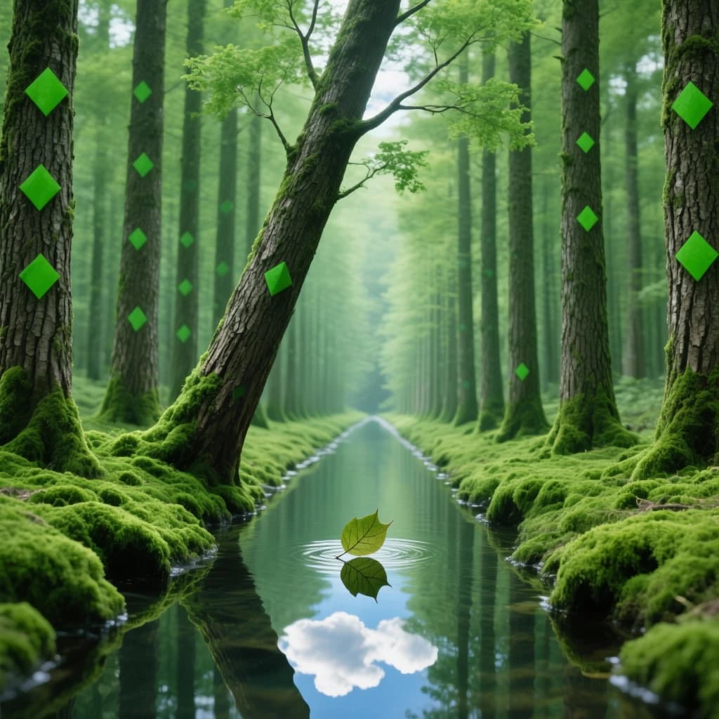 The forest is saturated green, trees identical in height and width, trunks straight, bark texture repeating. One trunk leans diagonally yet the branches remain vertical. The moss is emerald, glistening, though each patch forms identical diamond shapes. A stream runs straight, perfectly linear, water clear, reflecting clouds not visible in the sky. No animals, no insects, but one leaf floats on the water, doubled, showing two overlapping shadows.