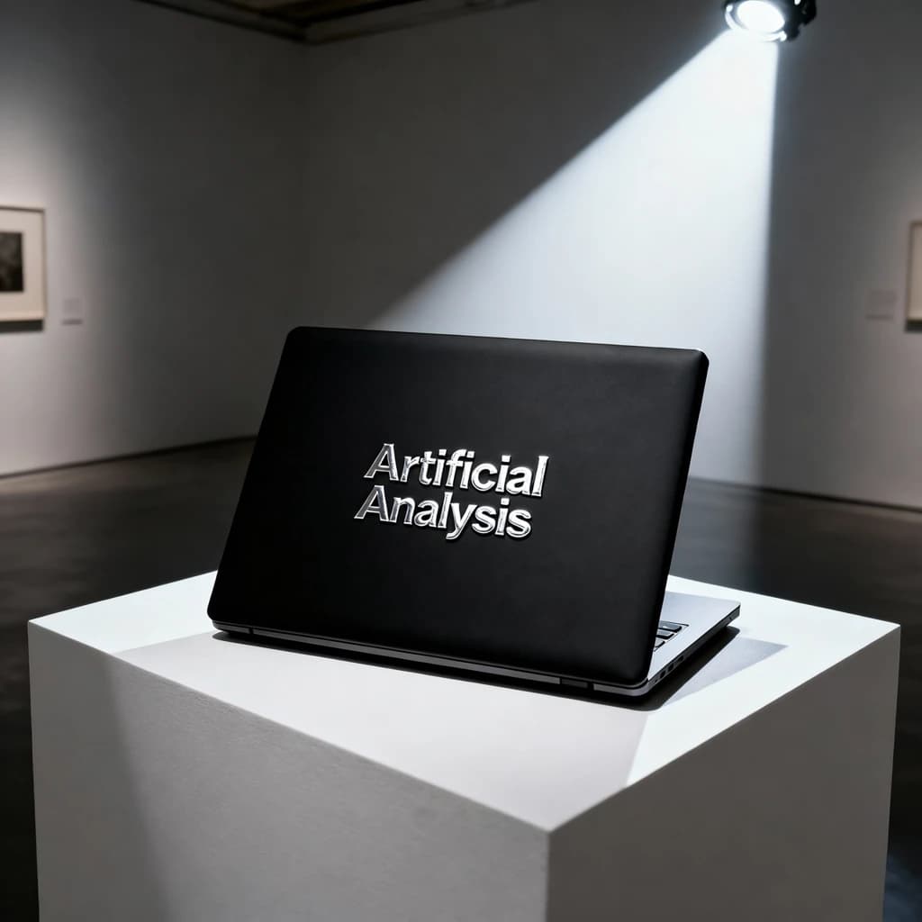 A premium matte black laptop-sized box rests on a pure white pedestal within a gallery space. Overhead, a single spotlight carves sharp contrast, leaving the edges in deep shadow. The brand name Artificial Analysis is embossed in silver foil, glinting faintly as though it were jewelry.