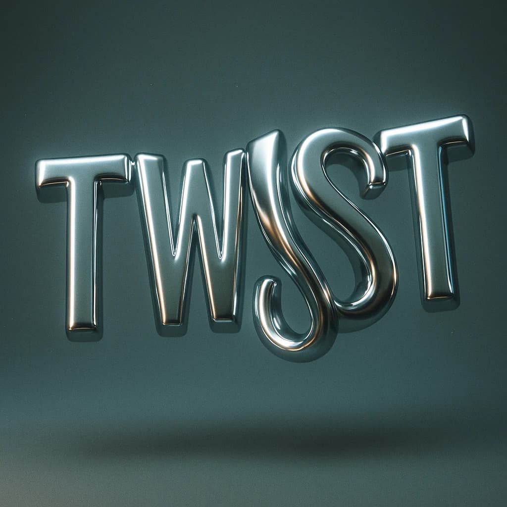 Render chrome 3D letters twisting in midair, soft glow, a bit of grain.