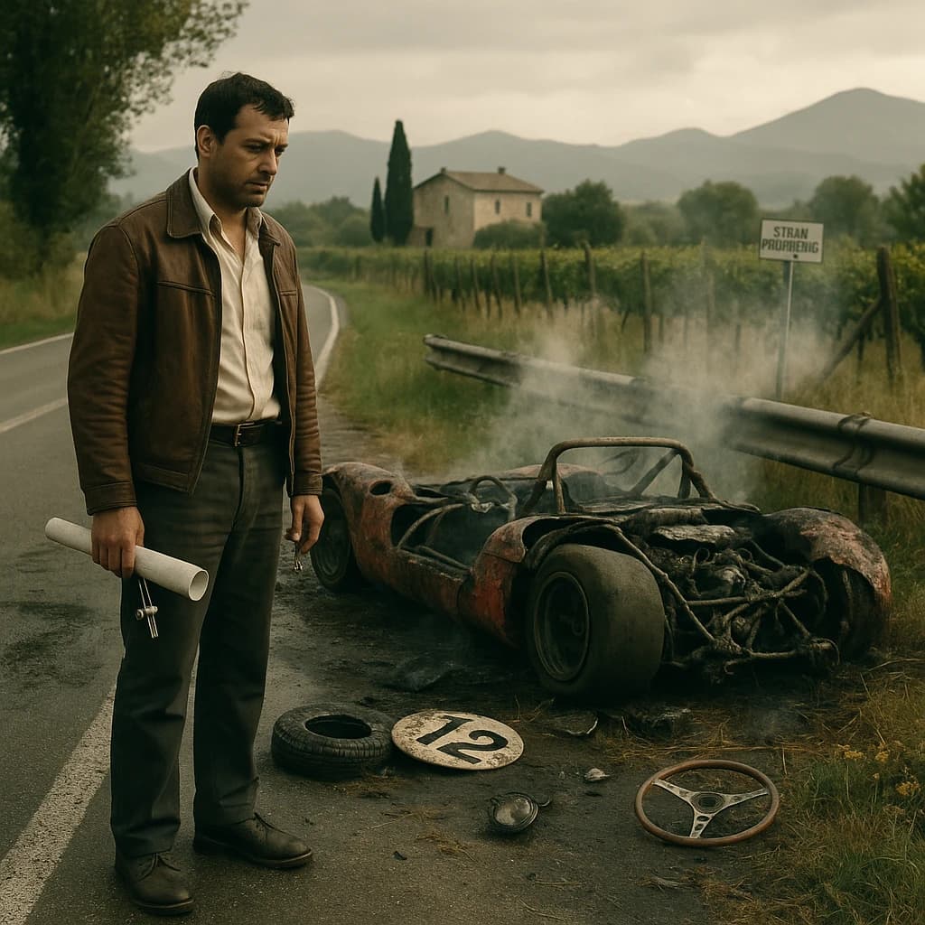 Mario examines the still smouldering wreck of the crash that took his best driver on the side of the country road. He designed this car and caused this. 3 days have passed since the crash. It's 1973 in Northern Italy.