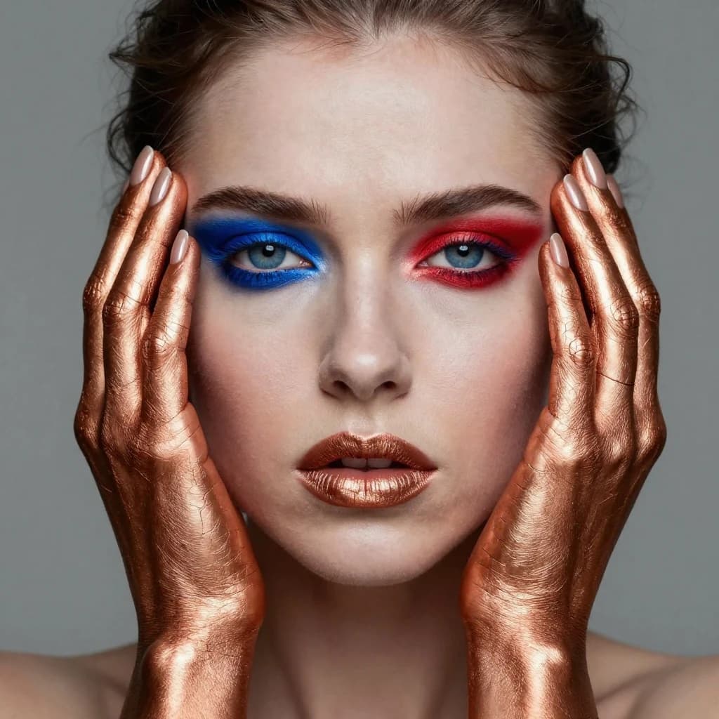 A striking close-up portrait of a woman with cracked metallic copper-painted hands framing her face. Her vivid blue and red eye makeup contrasts sharply with the smooth, pale skin and muted background, creating a bold, surreal composition. She displays an air of uncertainty about her