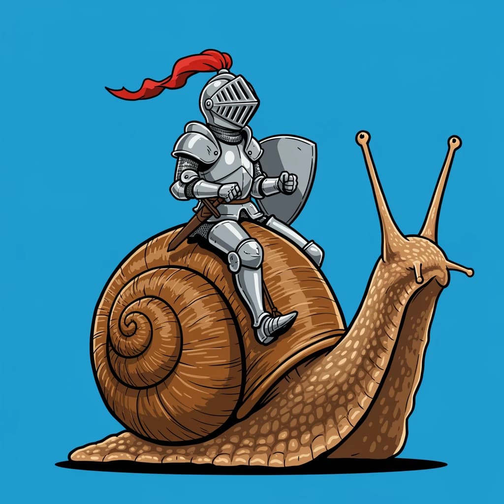 A knight rides a snail, bold lines, flat color.