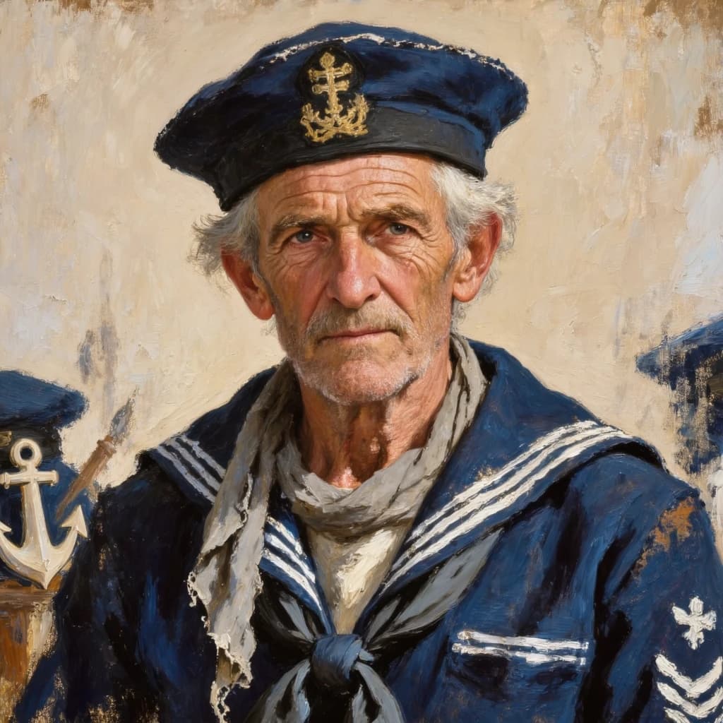 Oil on canvas portrait of an elderly sailor, weathered face, soft light.