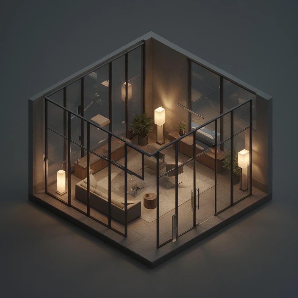 Isometric 3D lobby, glass walls, warm lights, slightly moody, soft shadows.