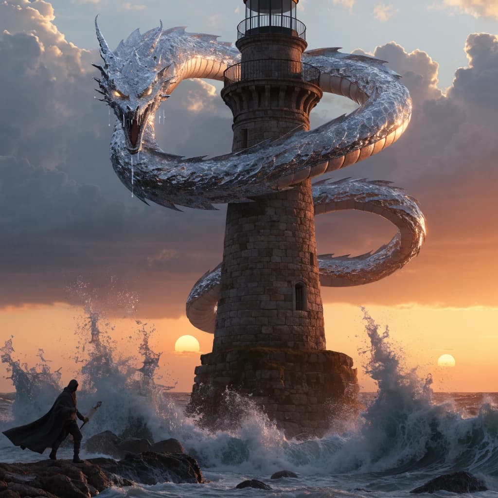 A dragon of molten silver coils around a lighthouse. The storming sea below crashes upward in frozen stillness, as though caught mid-motion. The dragon’s molten eyes drip tears of ice. On the horizon, two suns set next to each other, casting orange light on one side of the tower and blue on the other. A cloaked traveler carries an ancient weapon in his left hand and a scroll in his right.