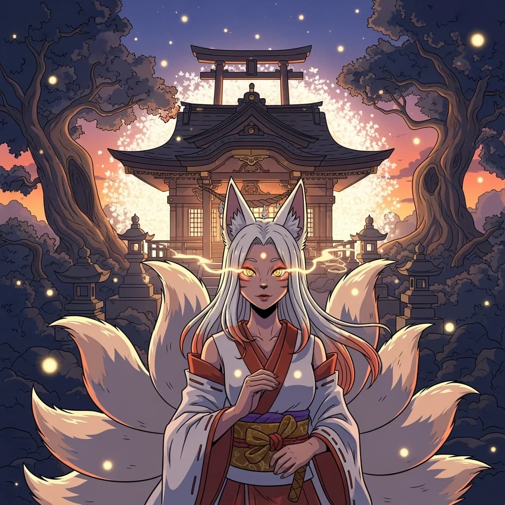 Cel-shaded fox spirit girl, glowing shrine at dusk, soft bloom, sparkly eyes.