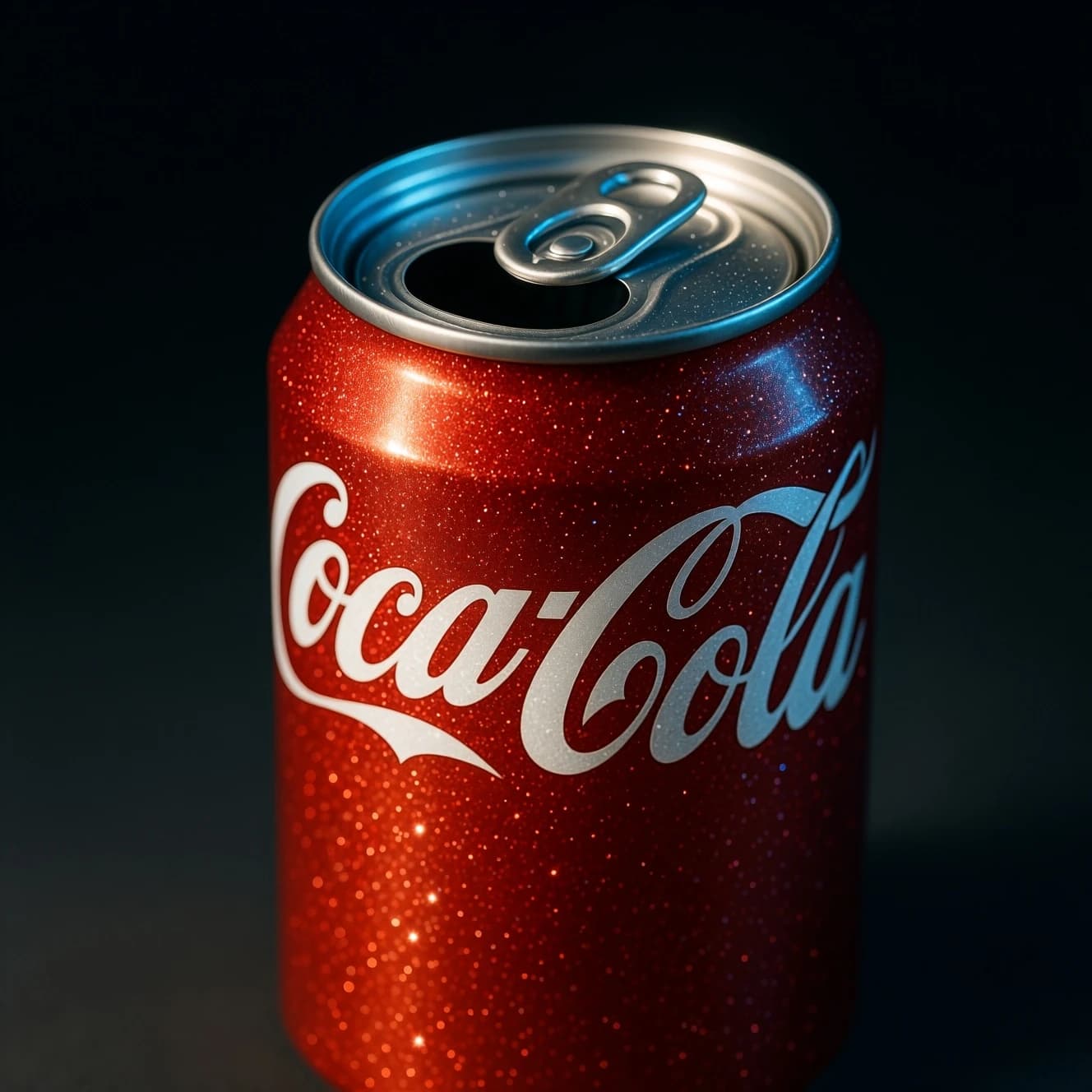A close-up ad shot of sparkling soda can on glossy acrylic, harsh top light.