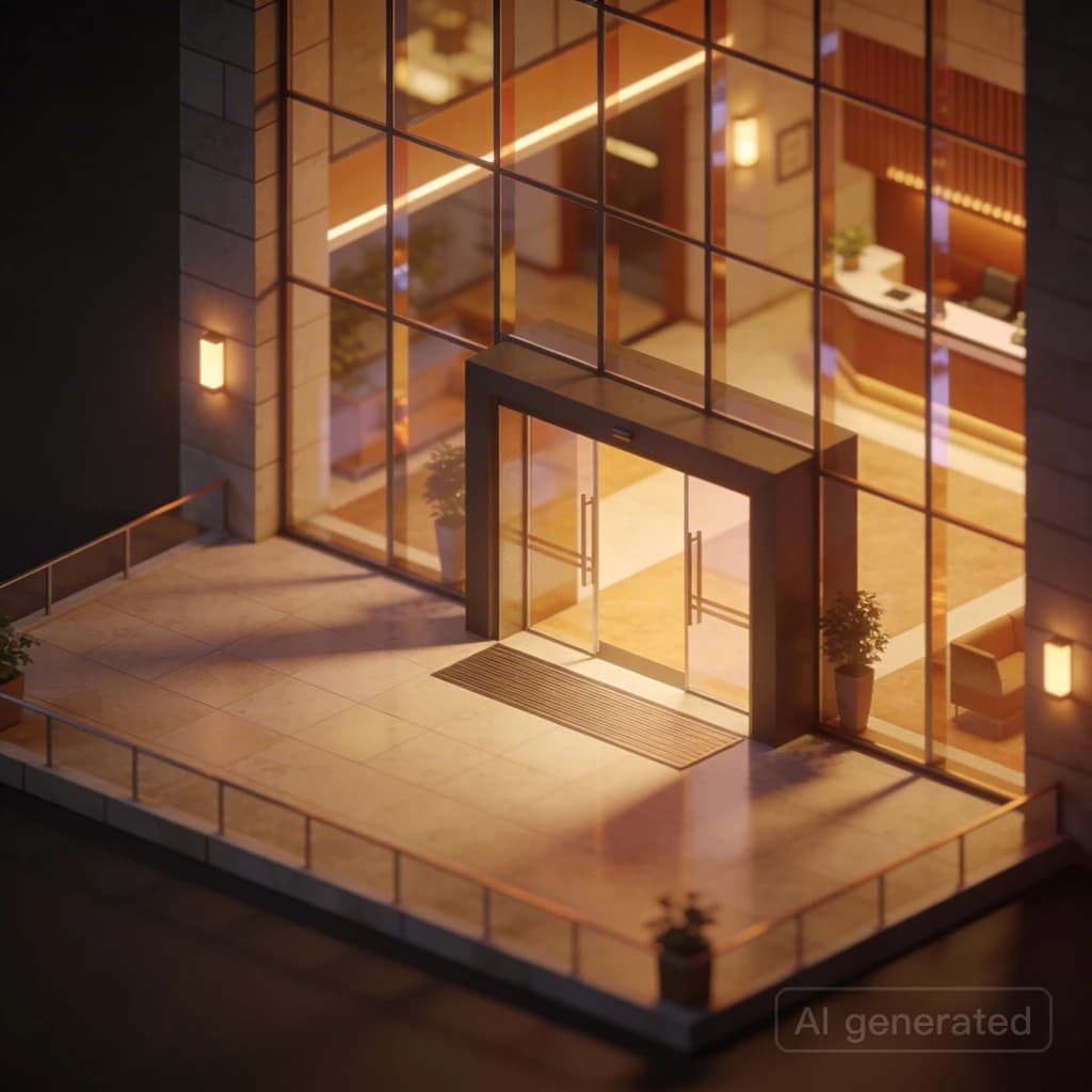 Isometric 3D lobby, glass walls, warm lights, slightly moody, soft shadows.