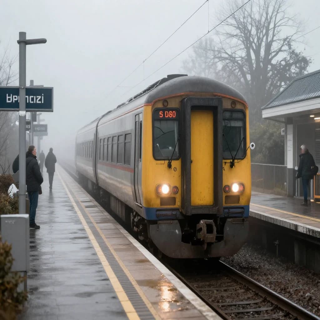 A commuter train enters a foggy little station.