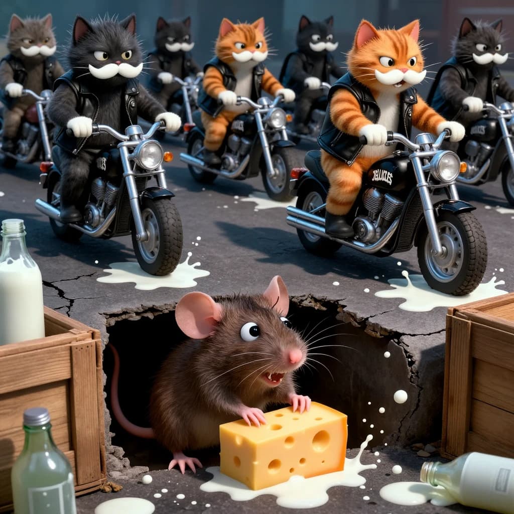 The cartoon rat clenches his thin wedge of cheese and trembles in fear as he hides from the menacing Jellicles, the roaming cat motorcycle gang, all wearing their colors with the name on the back. The cats have all drunk far too much milk and are causing a big ruckus! One cat is close to finding the rat