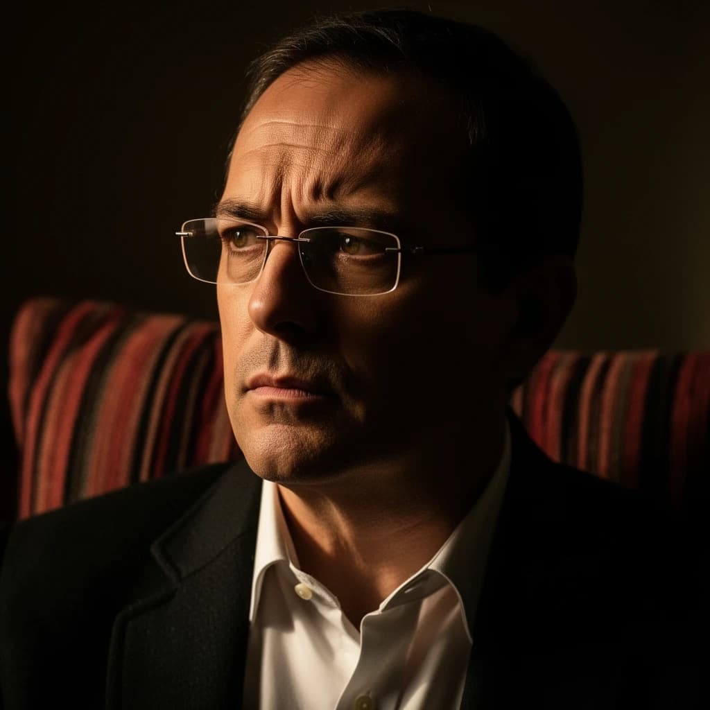 A sharply lit portrait of a middle-aged man wearing thin-rimmed glasses and a dark jacket over a white collared shirt. He gazes intently to the side, his face half illuminated by warm light while the background recedes into deep shadow. The expression is thoughtful, almost wary, as if caught mid-conversation. Behind him, a striped cushion in muted reds and blacks adds subtle texture, contrasting with the crisp highlights on his forehead and glasses. The overall mood is contemplative and cinematic, balancing warmth with tension.