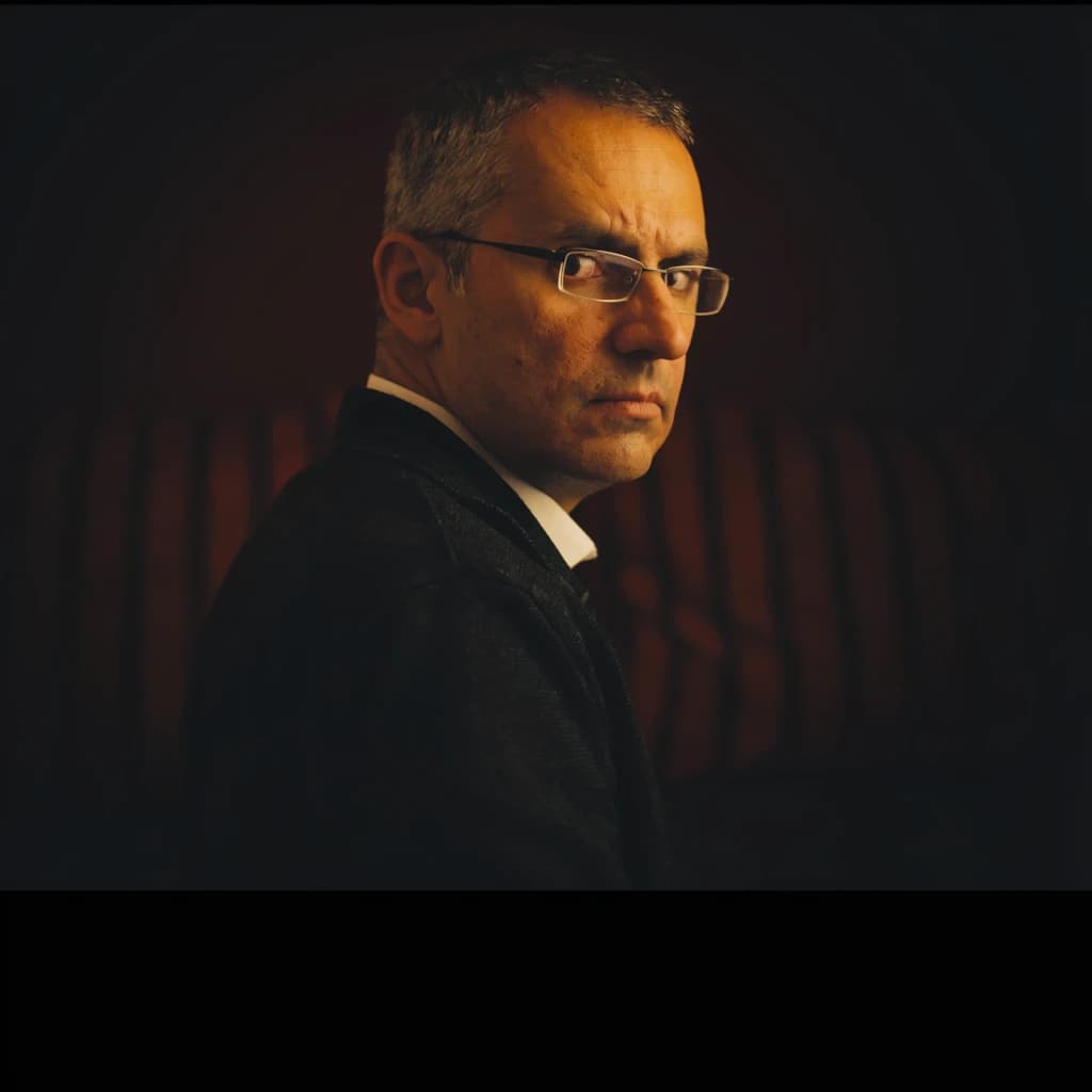 A sharply lit portrait of a middle-aged man wearing thin-rimmed glasses and a dark jacket over a white collared shirt. He gazes intently to the side, his face half illuminated by warm light while the background recedes into deep shadow. The expression is thoughtful, almost wary, as if caught mid-conversation. Behind him, a striped cushion in muted reds and blacks adds subtle texture, contrasting with the crisp highlights on his forehead and glasses. The overall mood is contemplative and cinematic, balancing warmth with tension.