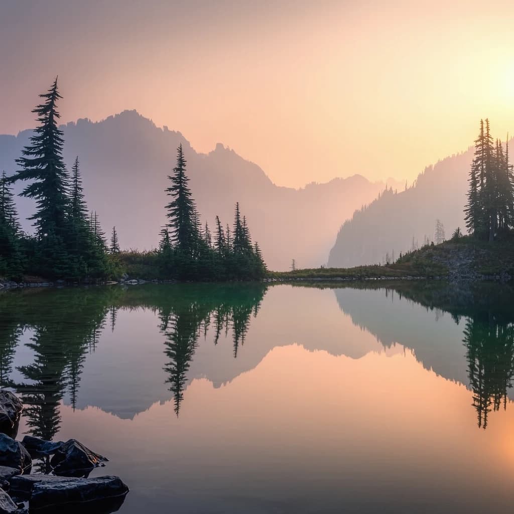 I want a photo of a misty alpine lake at dawn, pines, glassy water, warm light.