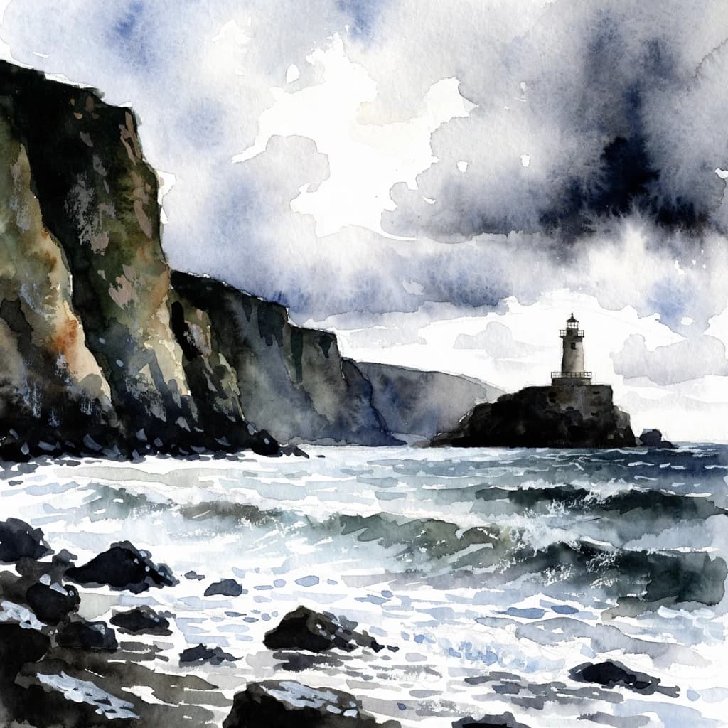 Please paint a watercolor of stormy cliffs and a lighthouse, moody sky.