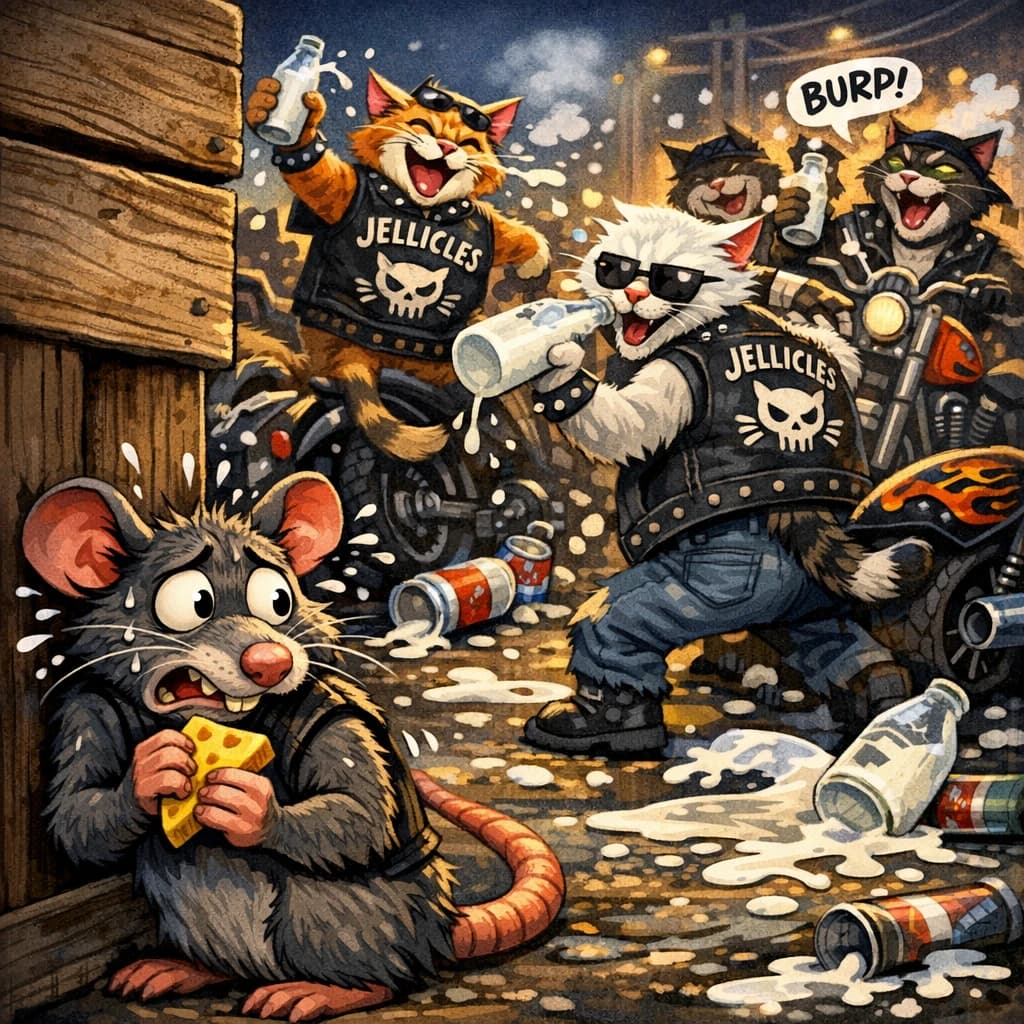 The cartoon rat clenches his thin wedge of cheese and trembles in fear as he hides from the menacing Jellicles, the roaming cat motorcycle gang, all wearing their colors with the name on the back. The cats have all drunk far too much milk and are causing a big ruckus! One cat is close to finding the rat