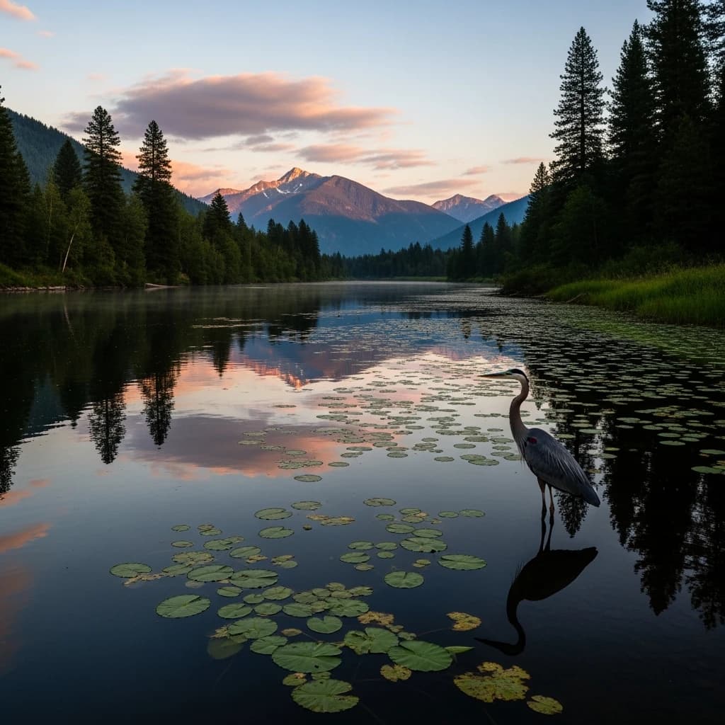 With pre-dawn mist along a cedar forest river and glassy water dotted with lily pads, distant mountains blush pink, and a heron stands still like it forgot what to do next.
