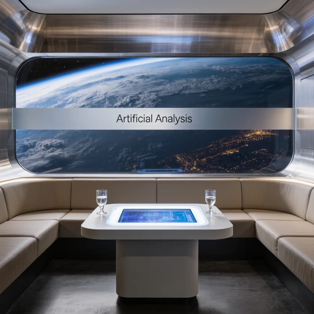 The orbital lounge has brushed aluminum walls and pale leather banquettes. Low white tables are inset with glowing touchscreens. Drinks are clear, flavorless, in tall unmarked glasses. The viewport is floor-to-ceiling, showing Earth moving slowly beneath. The word Artificial Analysis is etched discreetly on the glass in a frosted band.