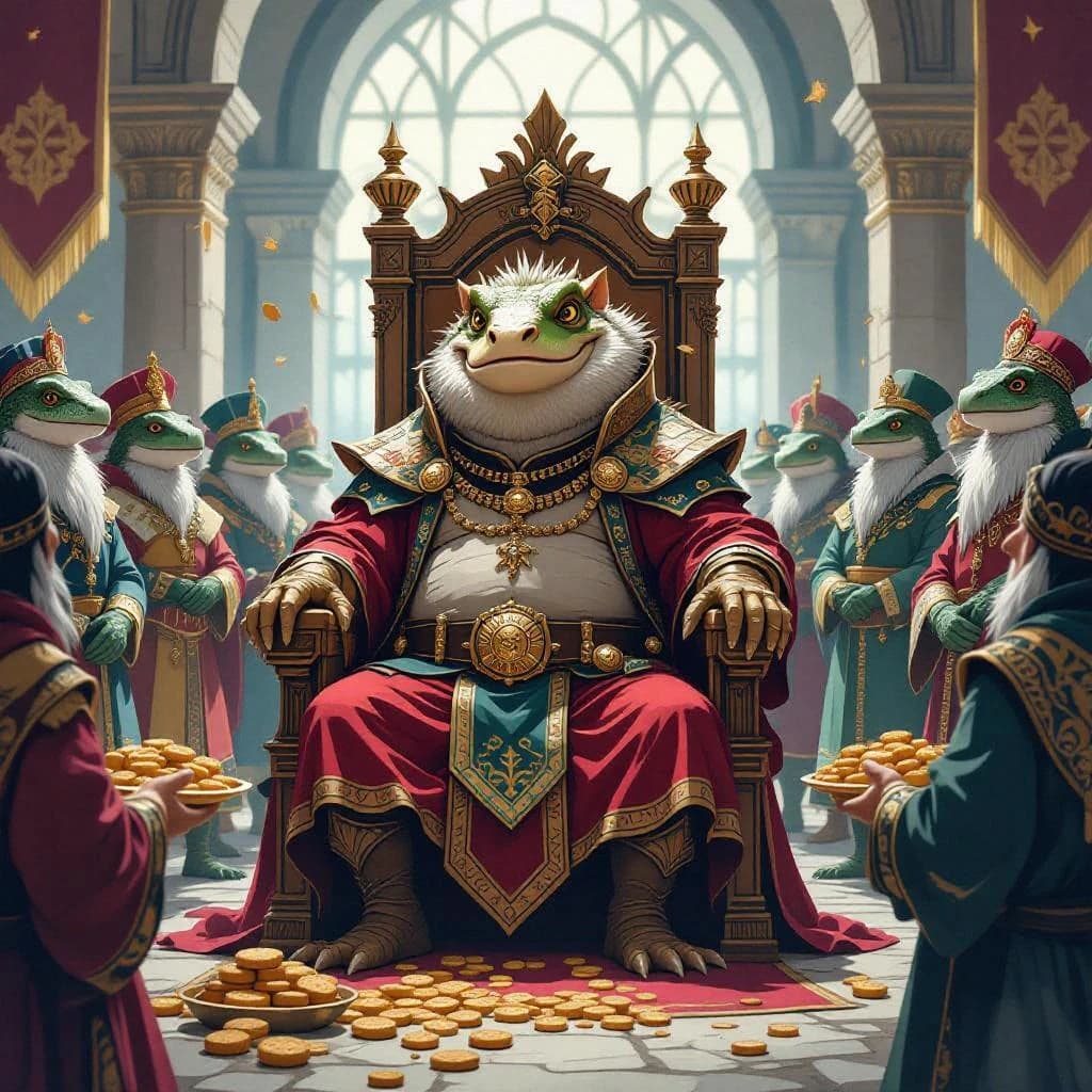 Big Weasel, the tyrannical ruler of the Levitus, slouches on his throne, his mood foul but somewhat brightened by the sight of gifts - a wearisome group of lizard traders adorned in fine silks proceed toward him through the hall with their annual tribute of biscuits, ham and gold - Big Weasel's favourites. Big Weasel's entourage looks on with stern approval.