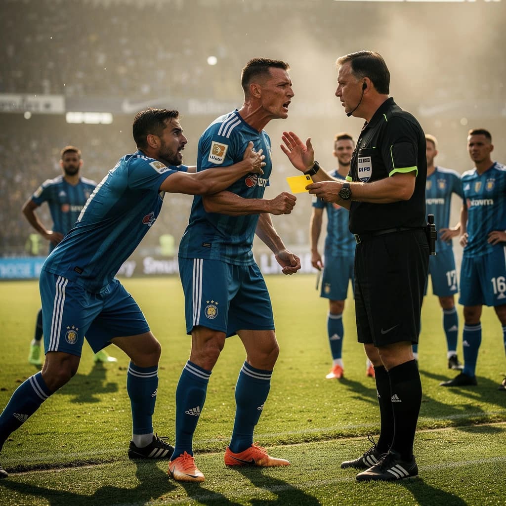 The soccer player clashes with the ref. It is thick and humid and the heat is getting to the players. His friend tries to pull him off before he causes any more trouble.