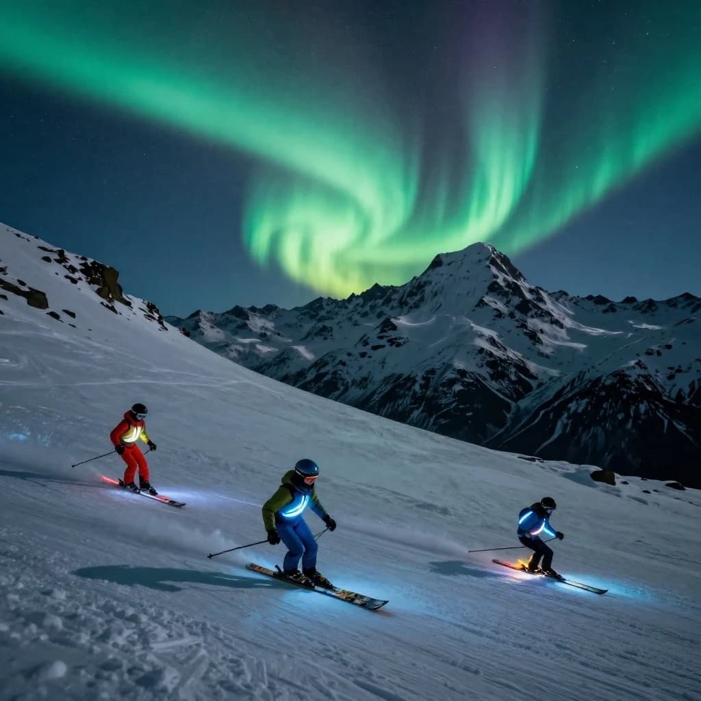 Coronet Peak Night Skiing: Skiers in colorful LED suits carve their way down the slopes of New Zealand's Coronet Peak under the Aurora Borealis, the skiers' light trails visible behind them