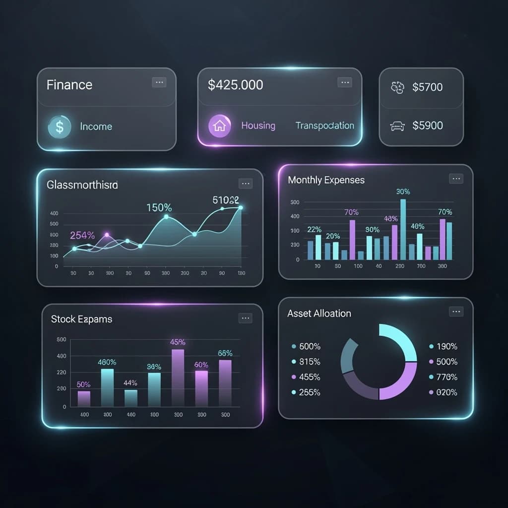 Make a dark mode finance dashboard with charts, glassmorphism, soft neon glow.