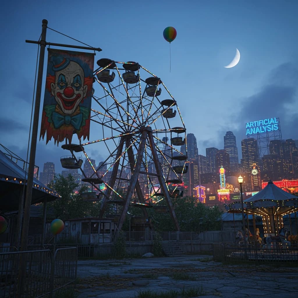A deserted amusement park glows faintly under a half-moon. The ferris wheel is rusting yet strung with fresh, blinking LED lights. A torn clown banner flaps in a windless air. A lone balloon floats upward, tethered to nothing, while in the far distance city lights flicker on - some neon, some gas lamps as though from another century. 'Artificial Analysis' glows in neon