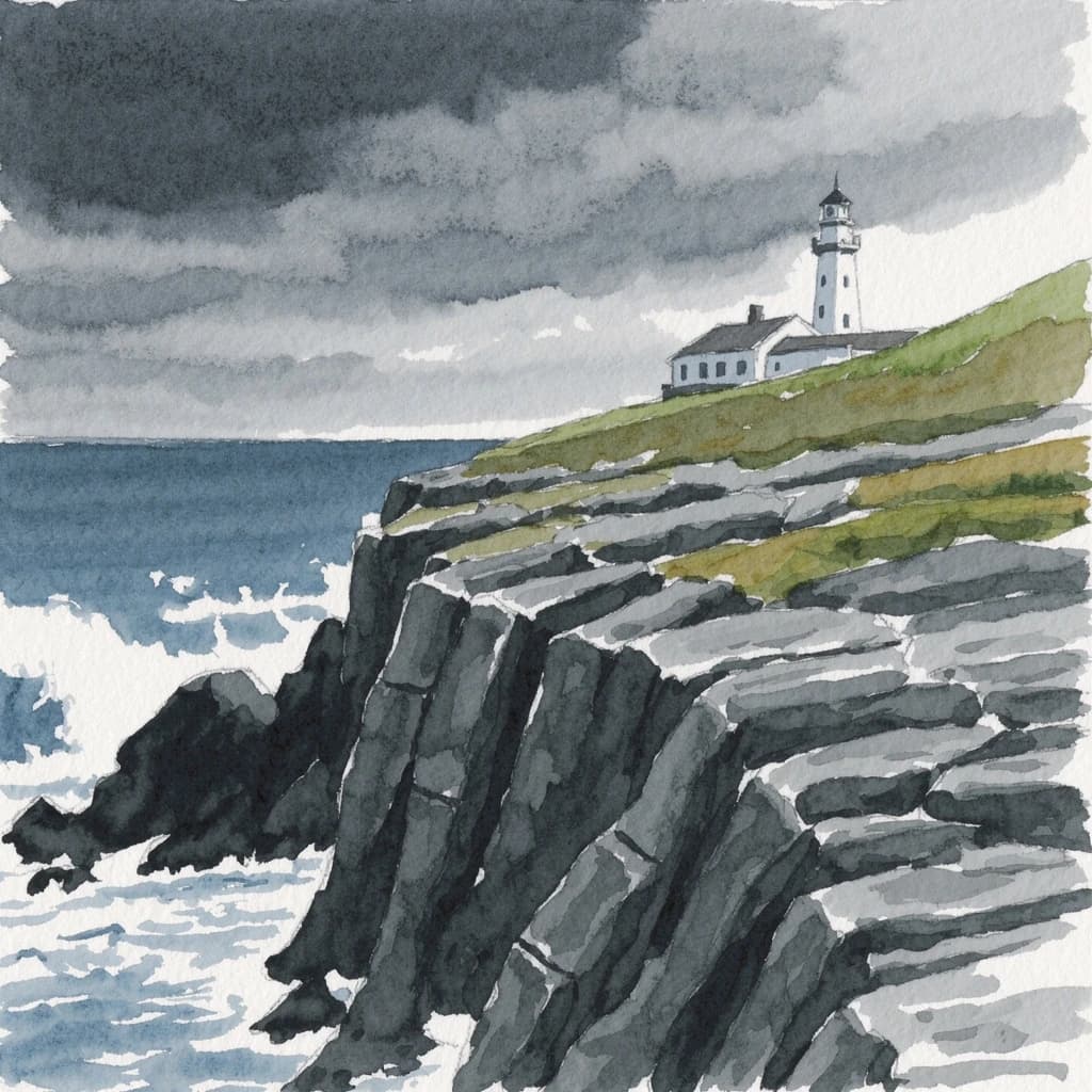 Please paint a watercolor of stormy cliffs and a lighthouse, moody sky.