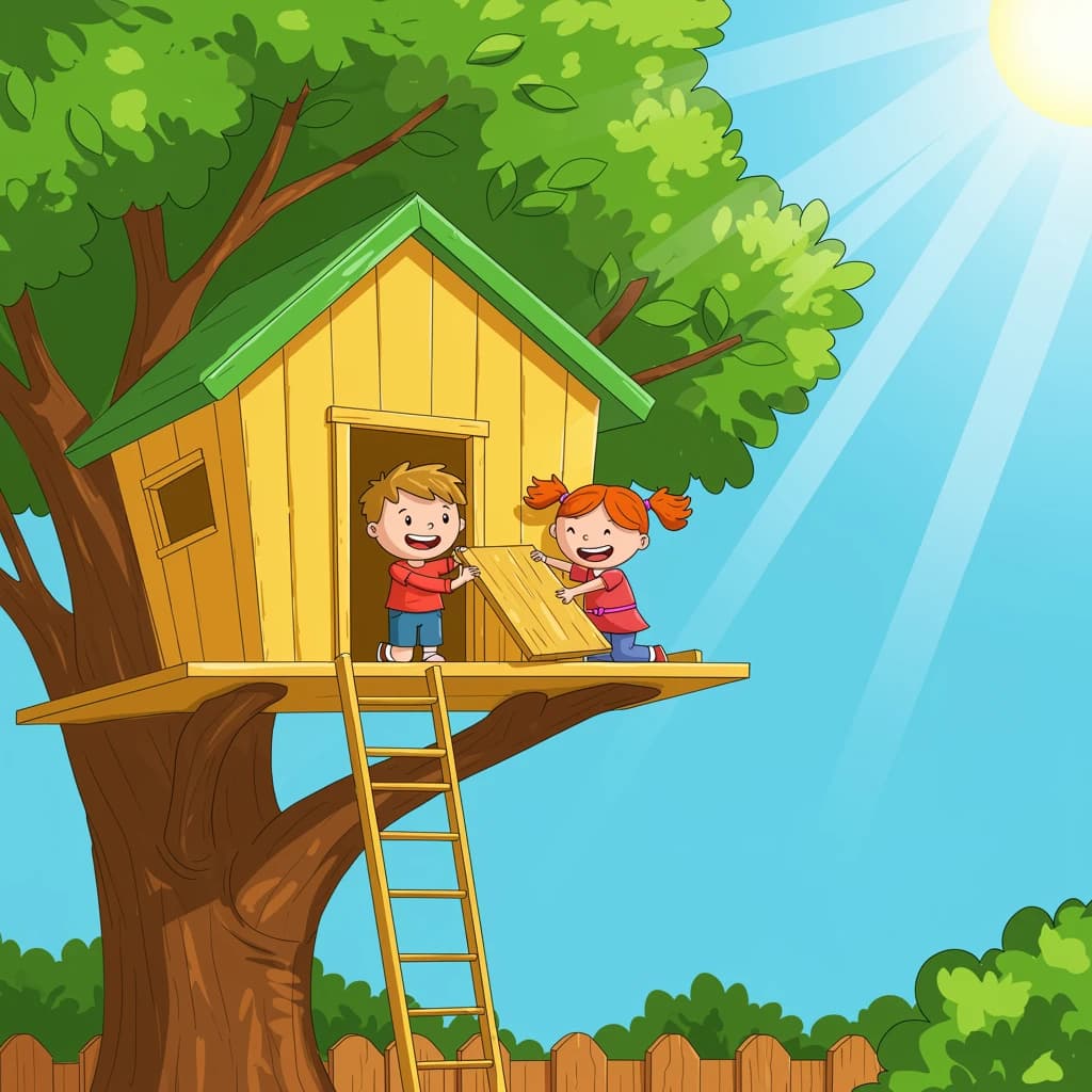 Kids build a backyard treehouse and laugh, bright flat colors, chunky outlines.