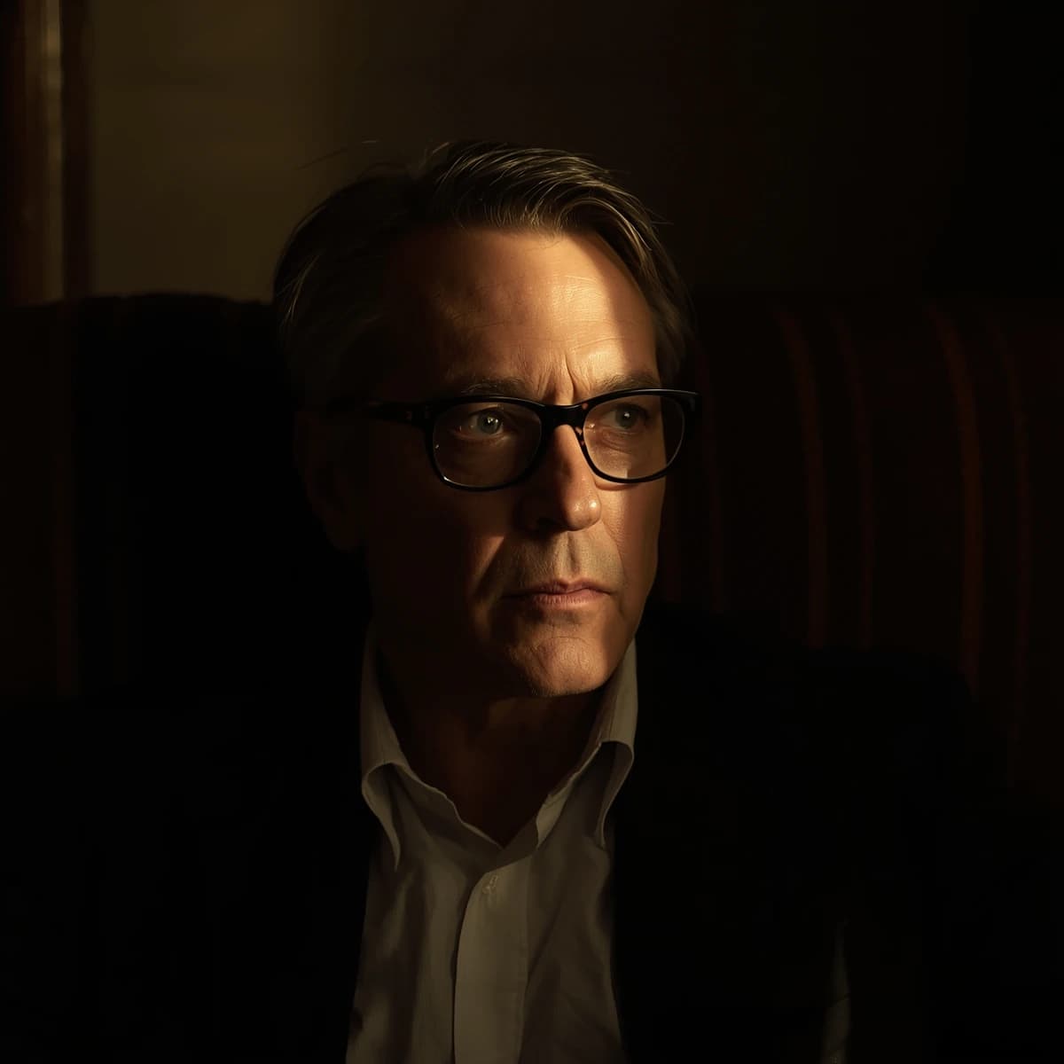 A sharply lit portrait of a middle-aged man wearing thin-rimmed glasses and a dark jacket over a white collared shirt. He gazes intently to the side, his face half illuminated by warm light while the background recedes into deep shadow. The expression is thoughtful, almost wary, as if caught mid-conversation. Behind him, a striped cushion in muted reds and blacks adds subtle texture, contrasting with the crisp highlights on his forehead and glasses. The overall mood is contemplative and cinematic, balancing warmth with tension.