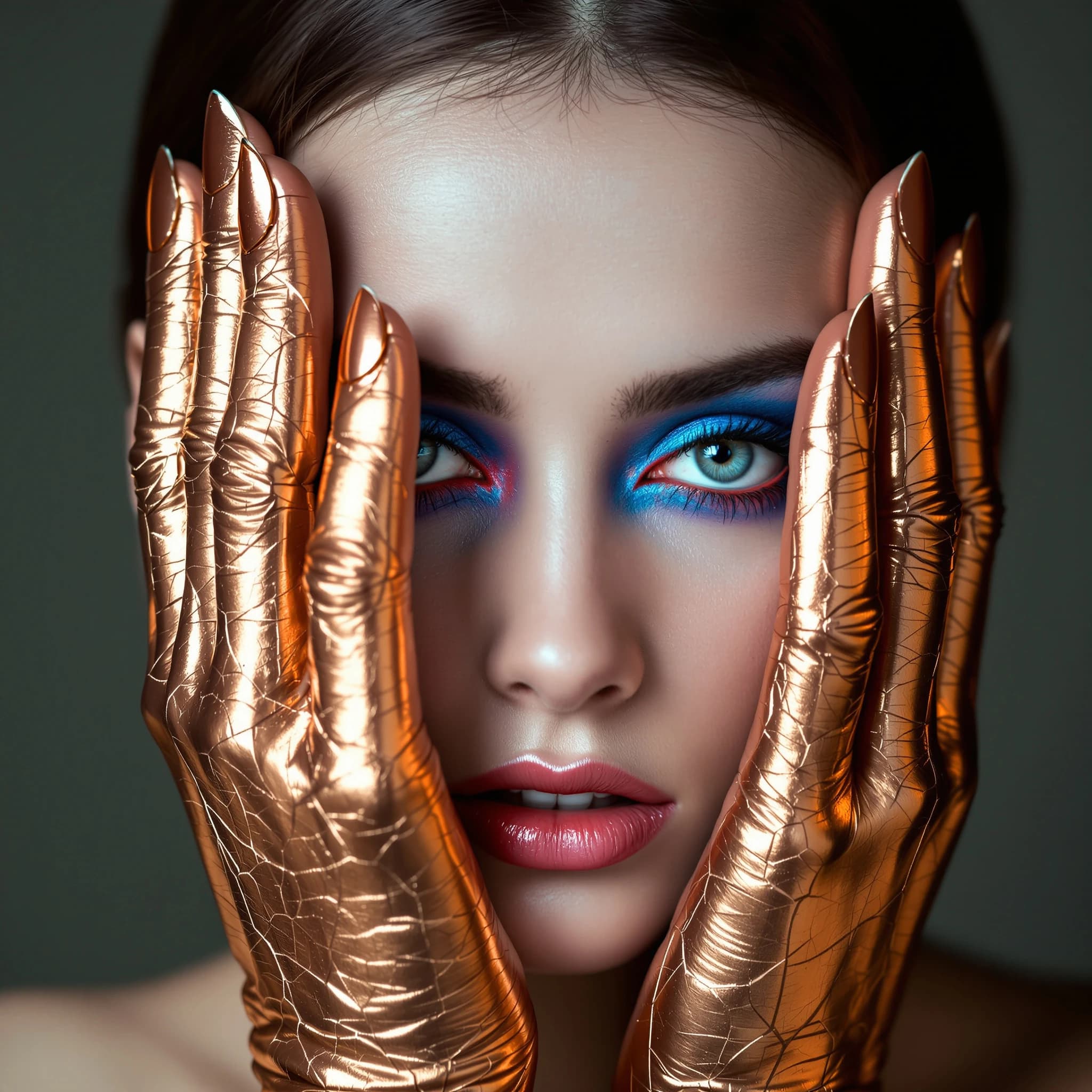 A striking close-up portrait of a woman with cracked metallic copper-painted hands framing her face. Her vivid blue and red eye makeup contrasts sharply with the smooth, pale skin and muted background, creating a bold, surreal composition. She displays an air of uncertainty about her