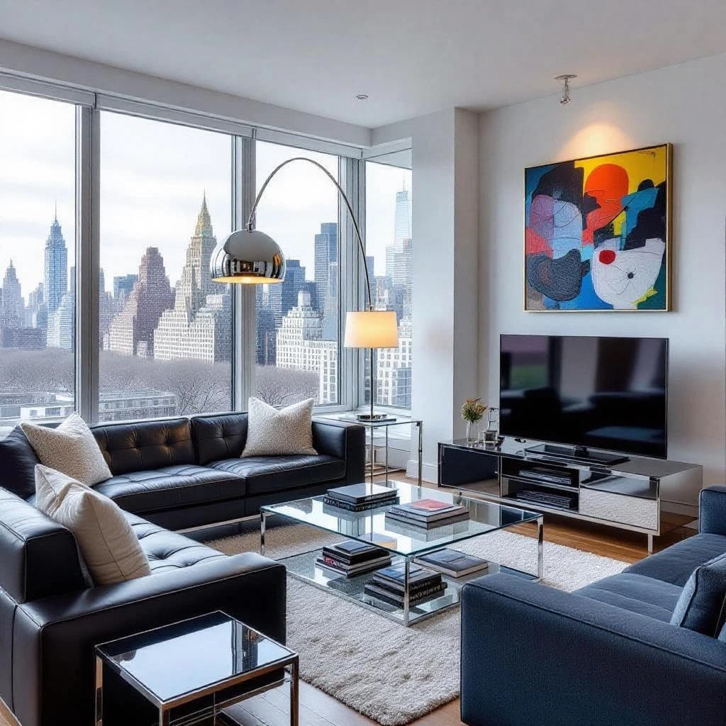 My apartment overlooks Central Park. It’s very luxurious, very expensive, and the furniture is minimal — a black leather couch, a glass coffee table with chrome legs, an Arne Jacobsen floor lamp. A big-screen television set rests on a steel shelving unit. A David Onica painting hangs above the couch. There’s a stainless steel and glass cocktail table. A powder-blue sofa. A thirty-inch digital TV.