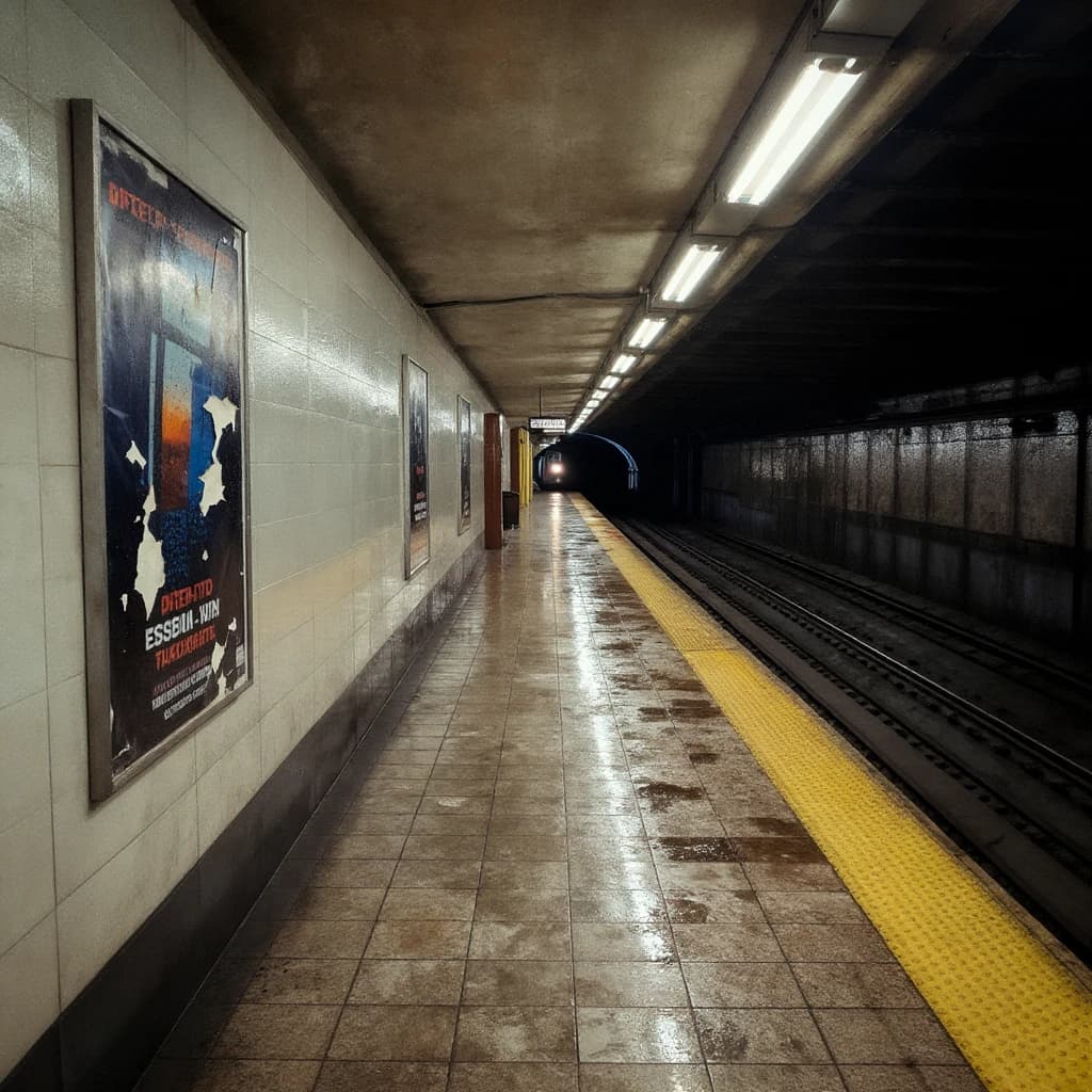 A subterranean subway platform with glossy tiles, peeling posters, flickering fluorescent lights, yellow safety line, and a distant train coming; slightly damp, echoes carry.