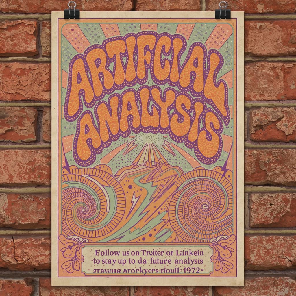 A portrait layout psychedelic concert poster from 1972 bathed in saturated oranges, deep purples, and acid greens. Swirling, hand-drawn typography arcs across the top, spelling out Artificial Analysis in bold, distorted letters that melt into spirals. Surrounded by radiating concentric circles and lightning-bolt motifs. The background is textured with halftone dots and faded paper creases, evoking a well-worn poster taped to a brick wall. Ornate floral borders frame the design, while the bottom features blocky retro lettering listing “Follow us on Twitter or LinkedIn to stay up to date with future analysis” in smaller text. 