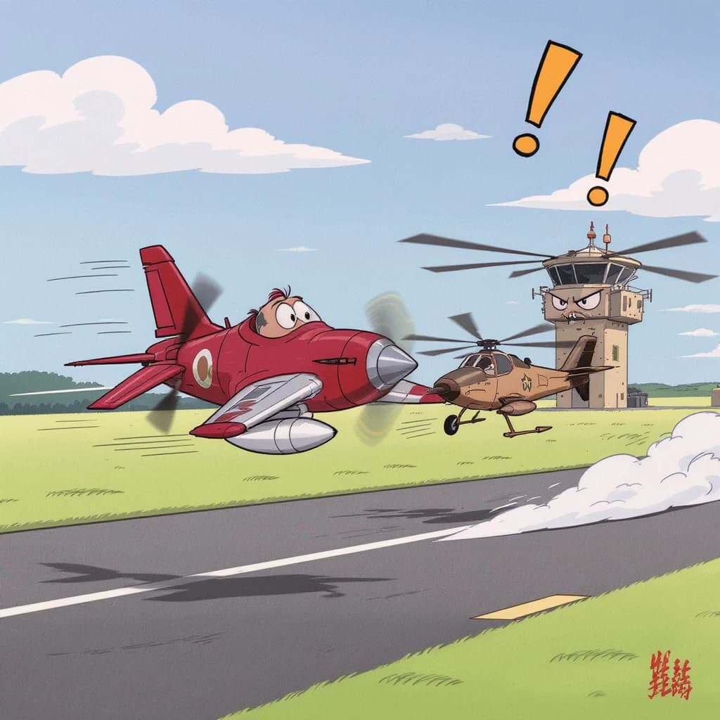 Almost at the runway, Fred the Fighter Jet is racing with Barry the Bomber to see who lands first. Fred has a mischievous trick up his sleeve but Hermione the Helicopter is going to stop him before he gets the chance. The control tower is very angry and has a big exclamation mark. Hand drawn cel look