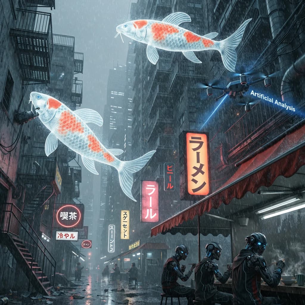 A neon alley in Neo-Tokyo 2142 drips with rain Cybernetic patrons slurp ramen at a stall with their glowing implants humming with blue light. Three giant holographic koi hover 10 metres above the ground and swim across the skyline, one has clipped into a building. A six-prop drone hovers nearby, projecting "Artificial Analysis" onto a wall with blue laser beams visible