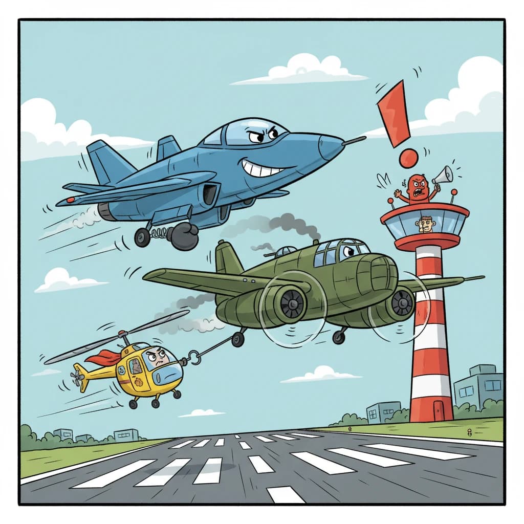 Almost at the runway, Fred the Fighter Jet is racing with Barry the Bomber to see who lands first. Fred has a mischievous trick up his sleeve but Hermione the Helicopter is going to stop him before he gets the chance. The control tower is very angry and has a big exclamation mark. Hand drawn cel look