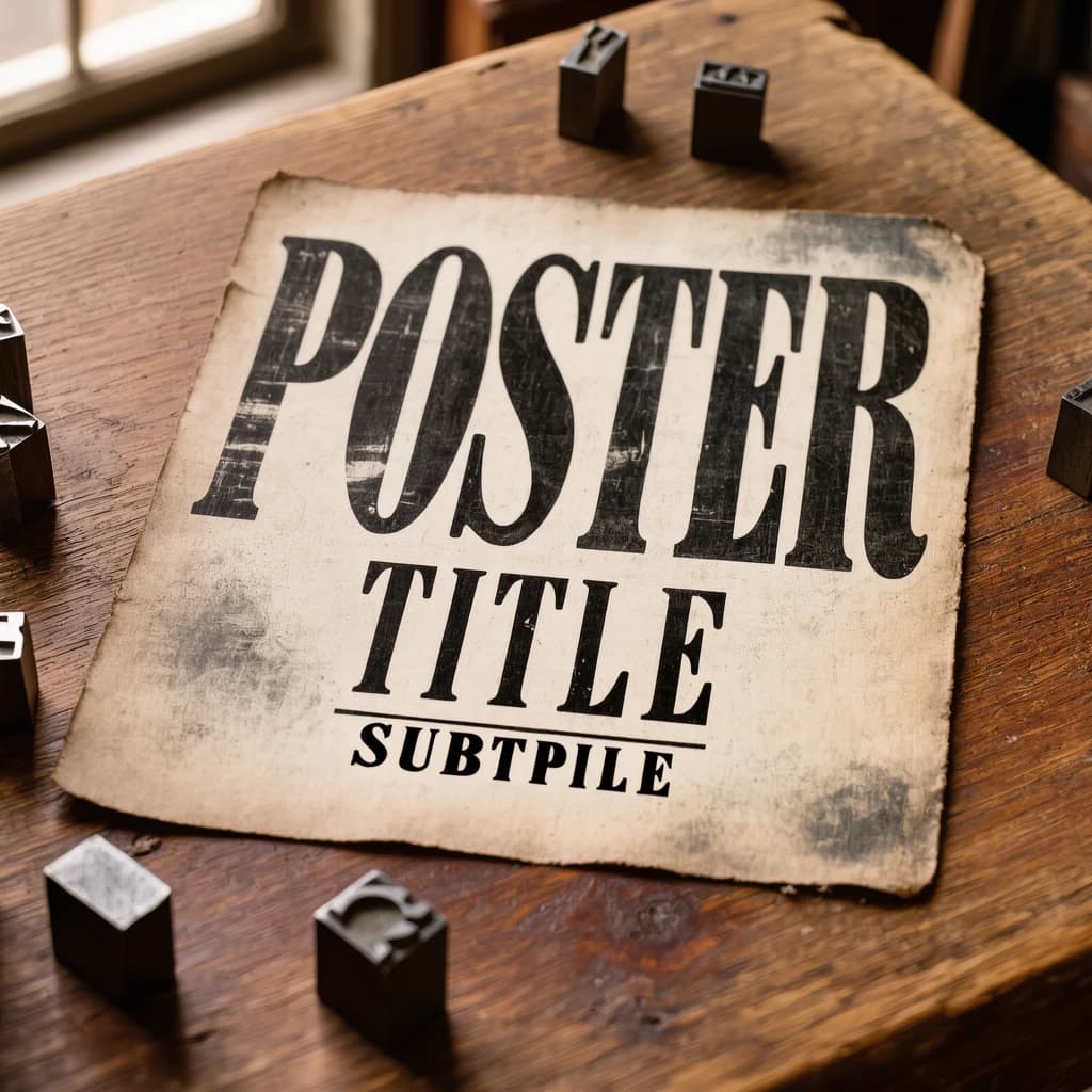 A vintage letterpress poster on a wooden desk: bold slab serif headline, tight kerning, misregistered ink, slightly worn edges, scattered metal type, soft window light.