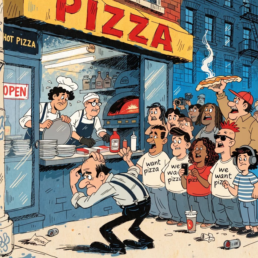 Pasquale is pulling his few remaining hairs out over a disaster at the pizzeria - the cooks are working as fast as they can but the crowds outside are swelling and they demand hot hot pizza! They are banging on the glass and some are wearing "we want pizza" shirts. 1980s western TV animation style.