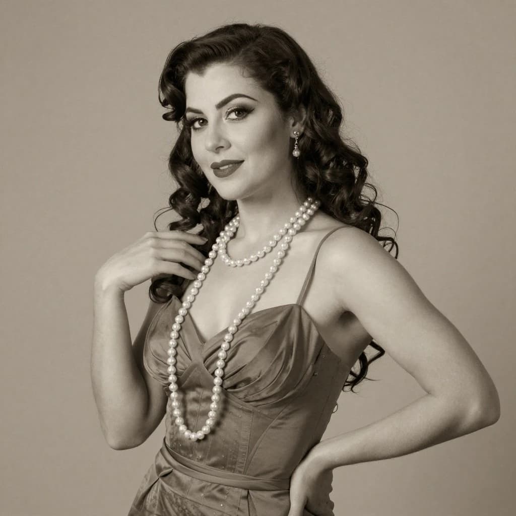 Sepia-toned studio portrait of a flapper with pearl necklace, soft grain.