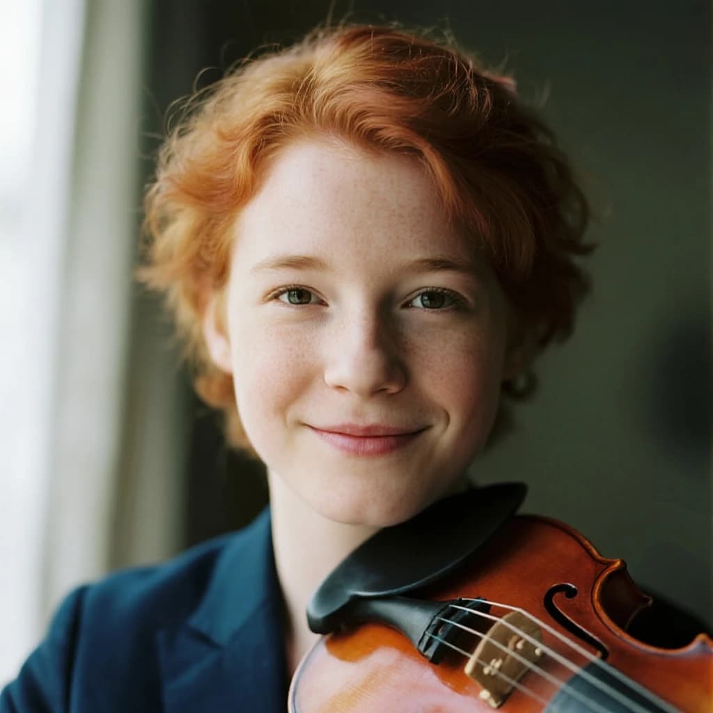 Capture a head-and-shoulders portrait of a freckled red-haired violinist in a navy blazer, soft window light, 85mm at f/1.8, gently smiling yet serious eyes, muted tones.