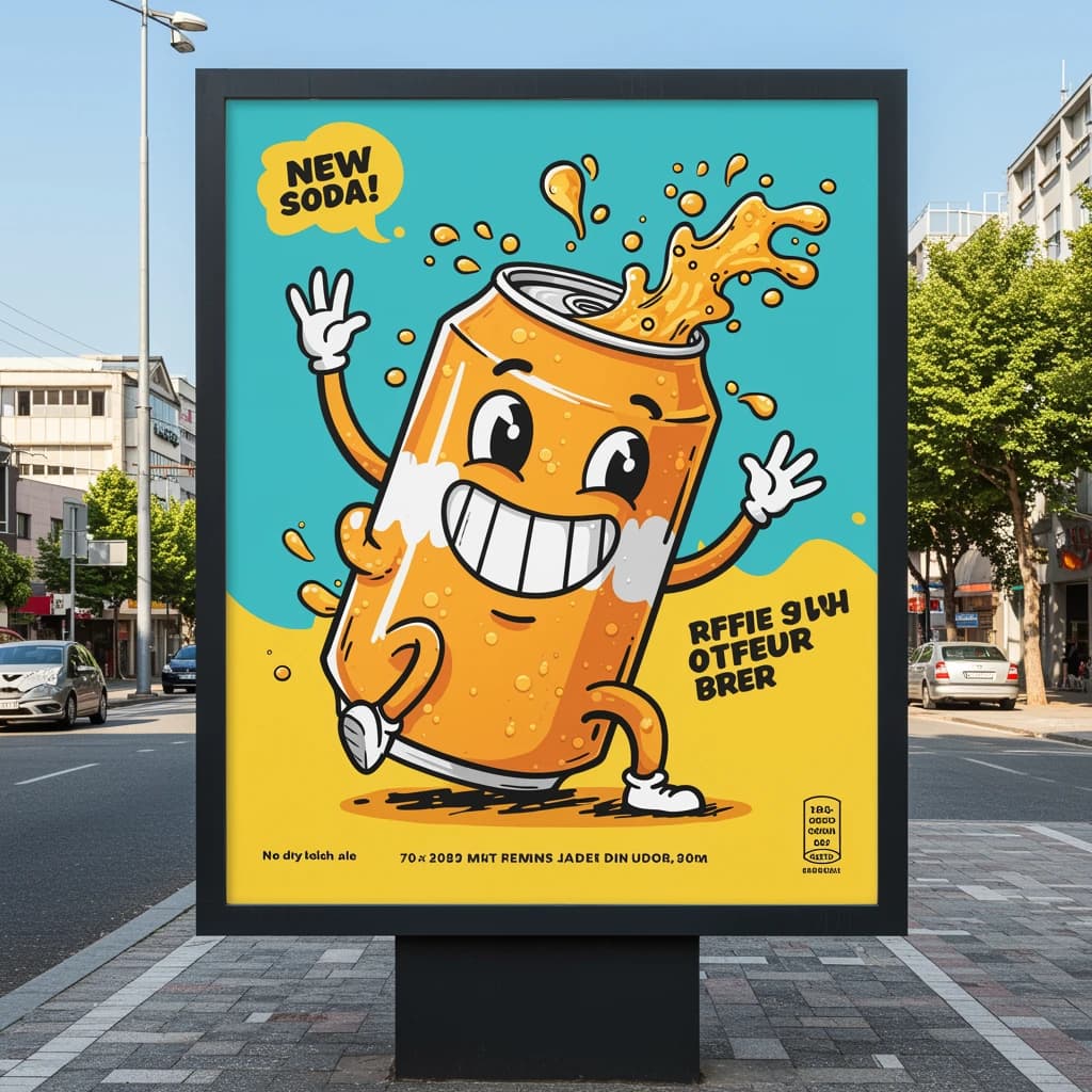 Design a bright soda billboard ad with a bubbly can mascot, thick inky lines.