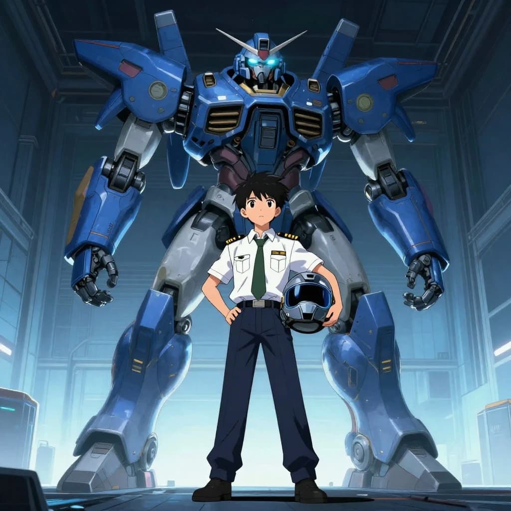 A teenage pilot grips his helmet under one arm, standing at the edge of a glowing hangar bay. Before him looms a sleek, steel-blue mech, its eyes lit with a cold electric glare. His school uniform is rumpled, a sharp contrast to the machine’s flawless plating. The vast scale engulfs him in shadow, emphasizing both awe and dread. Hand-drawn anime style.