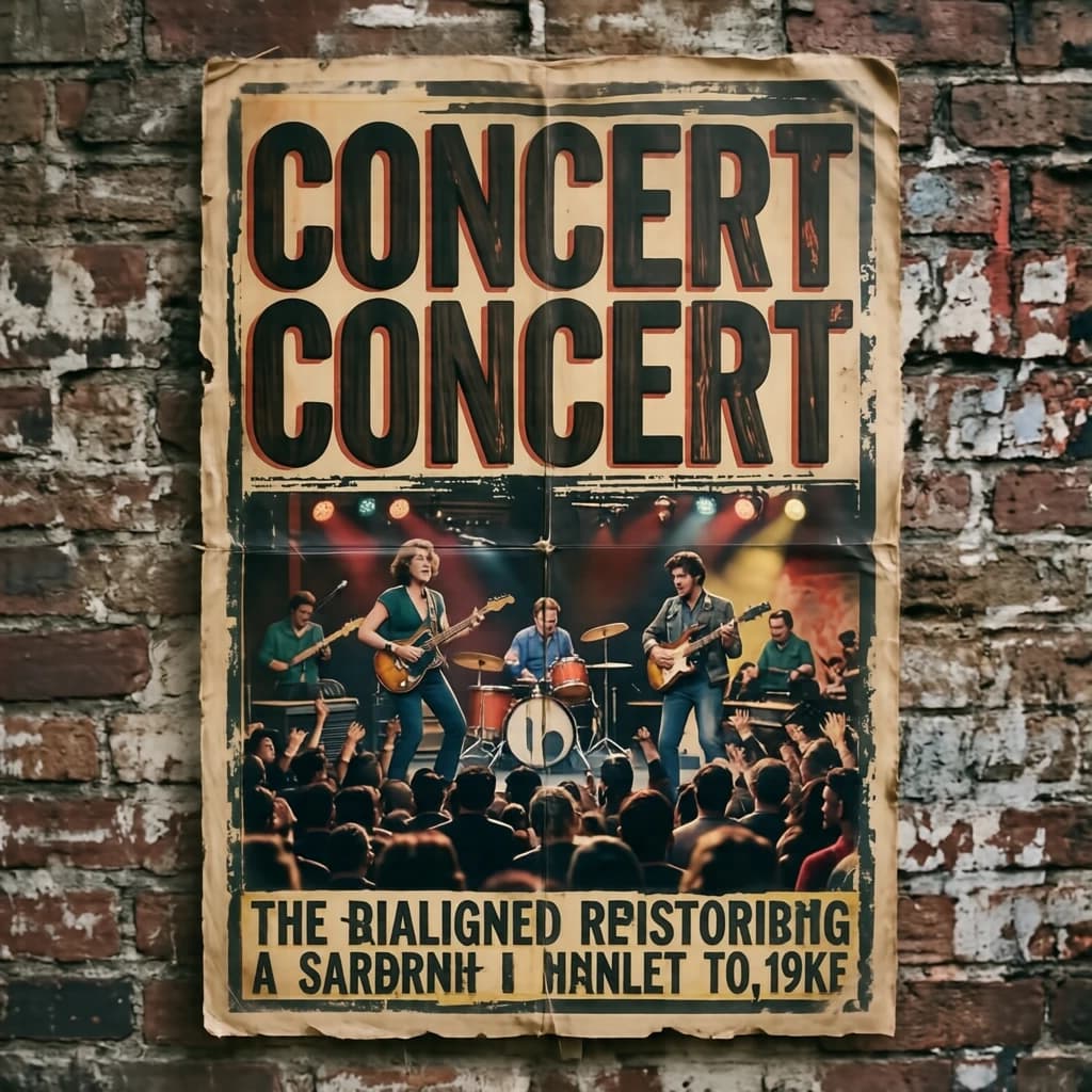 Make a 1960s concert poster featuring bold wood type, misaligned ink, creases.