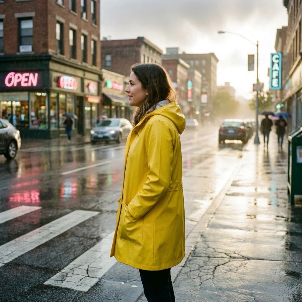 A sunlit city street after rain; puddles mirror neon signs as a woman in a yellow raincoat waits at a crosswalk, soft mist, 50mm look, natural tones, a bit of film grain.
