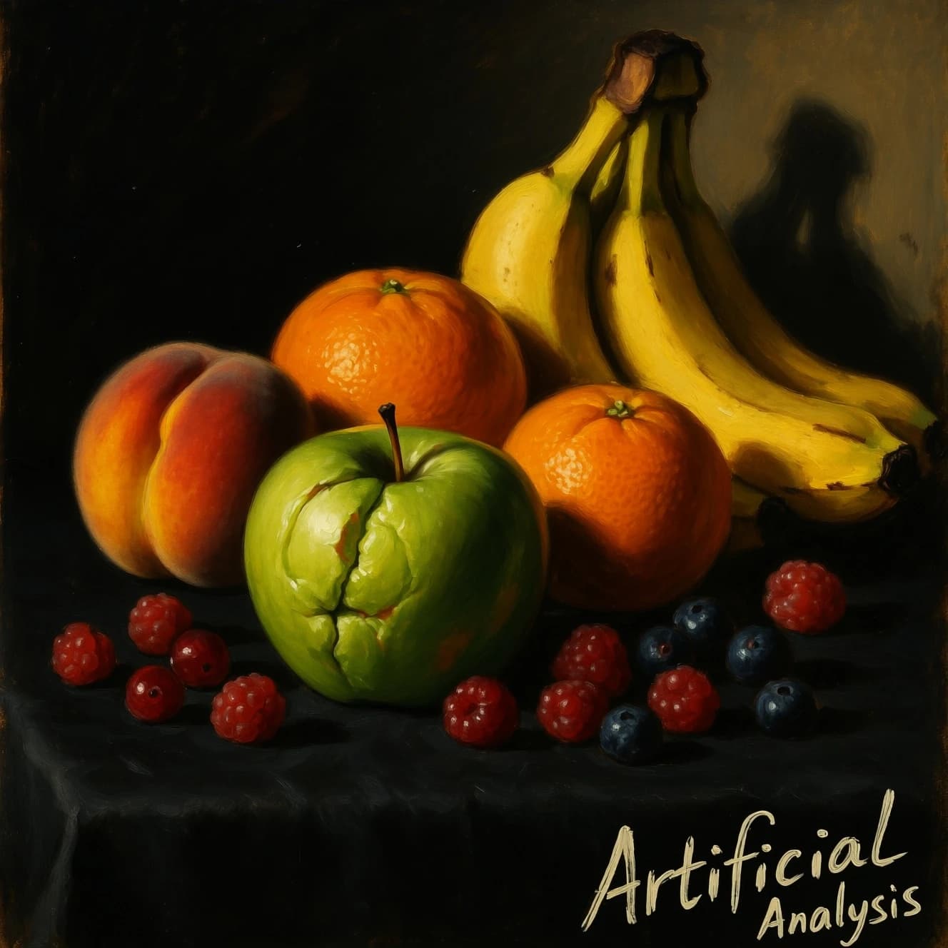 A still life scene painted oil on canvas, comprising various fruits on a black table cloth with striking lighting coming from the right out of frame, creating strong shadows. A bruised green apple is in the foreground, a peach behind it, and behind that a melange of oranges and bananas in various states of ripeness. Berries are strewn in front of the apple. The artist has signed his name "Artificial Analysis" in the bottom right corner in a hurried fashion.