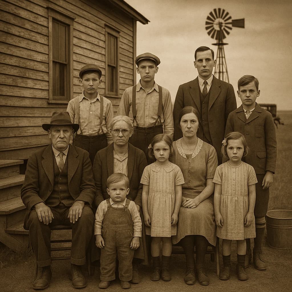 Everybody holds still and nobody smiles for the family portrait. It's 1928 in Kansas