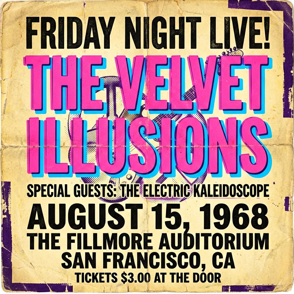 Make a 1960s concert poster featuring bold wood type, misaligned ink, creases.