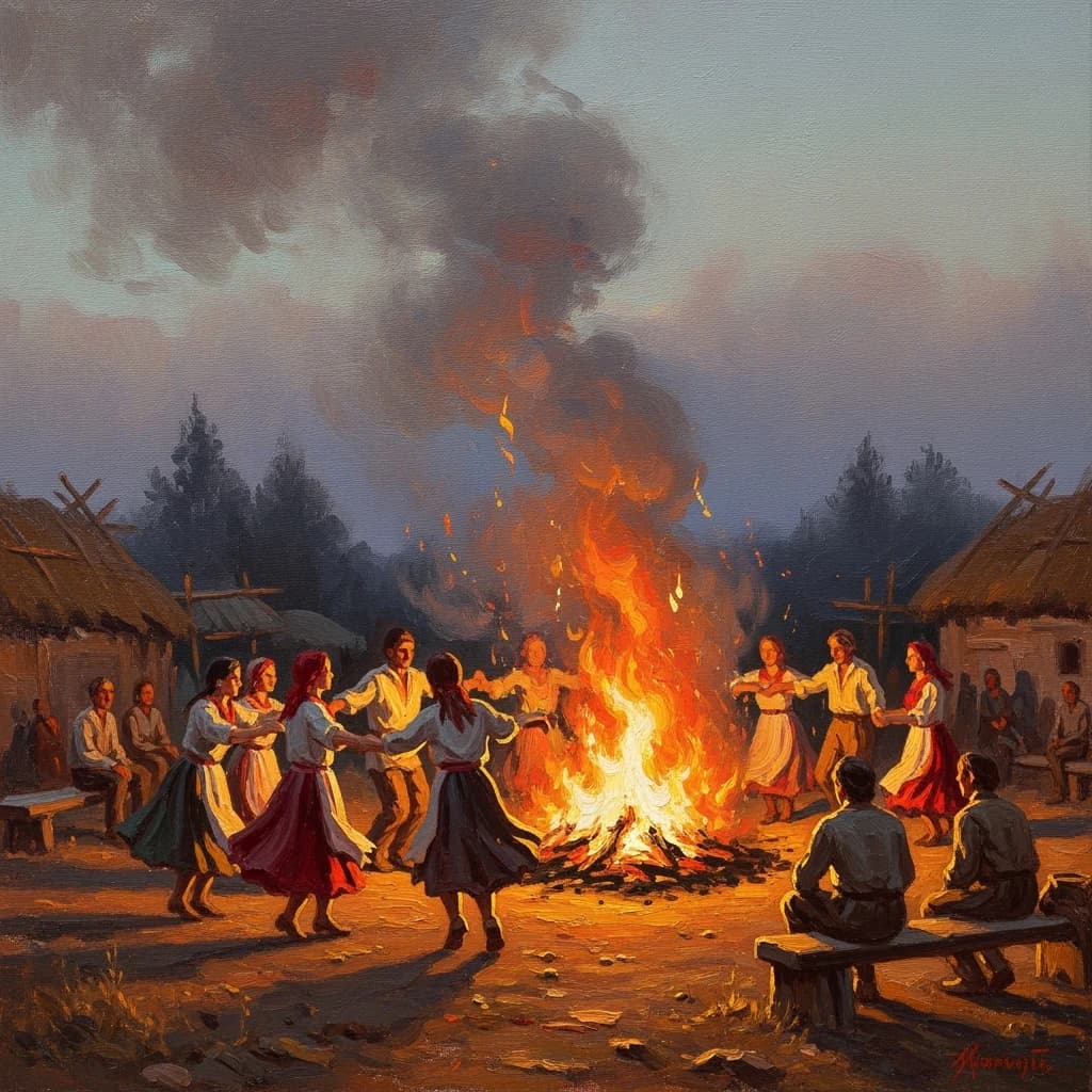 Make an oil painting of villagers dancing by a bonfire at dusk, a bit smoky.
