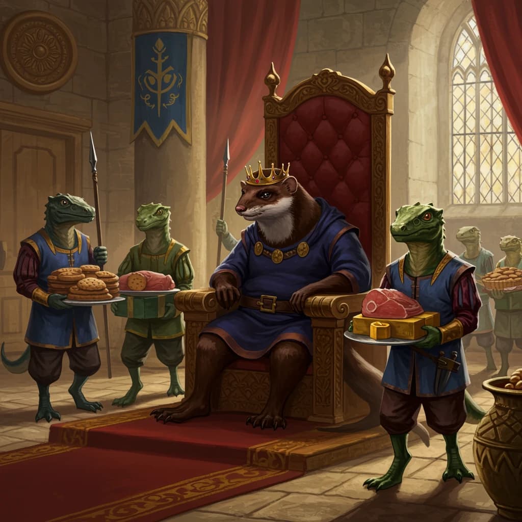 Big Weasel, the tyrannical ruler of the Levitus, slouches on his throne, his mood foul but somewhat brightened by the sight of gifts - a wearisome group of lizard traders adorned in fine silks proceed toward him through the hall with their annual tribute of biscuits, ham and gold - Big Weasel's favourites. Big Weasel's entourage looks on with stern approval.